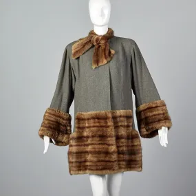 1940s Gray Wool Swing Coat with Beaver Fur Trim