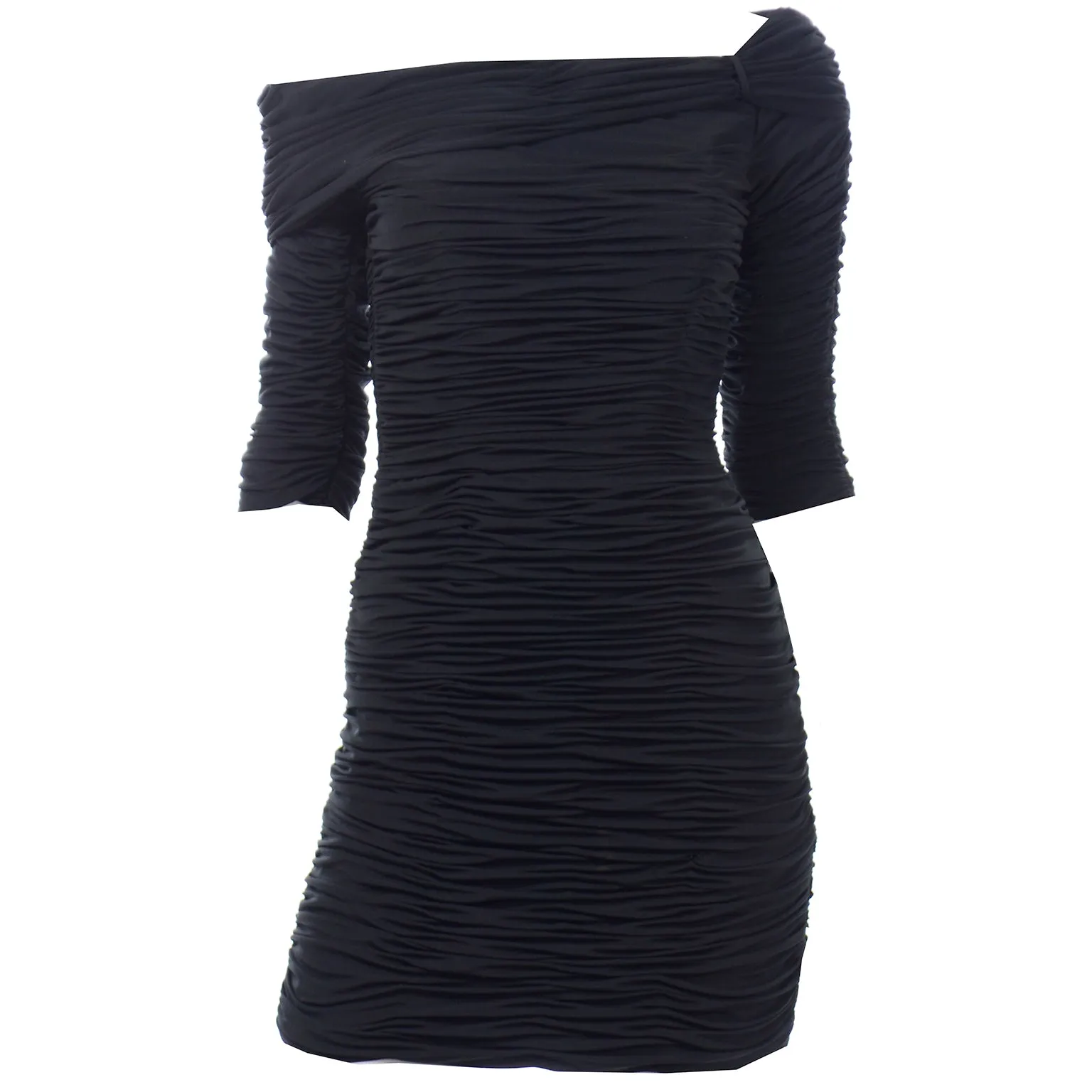 1980s Victor Costa One Shoulder Ruched Black Bodycon Vintage Evening Dress