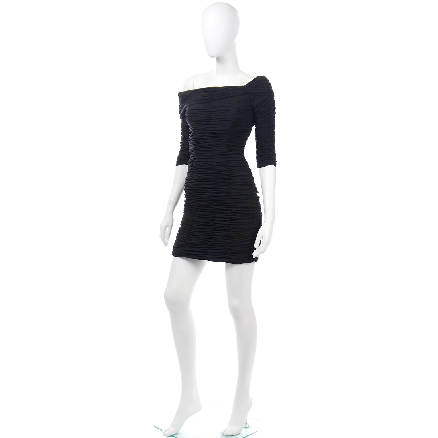 1980s Victor Costa One Shoulder Ruched Black Bodycon Vintage Evening Dress