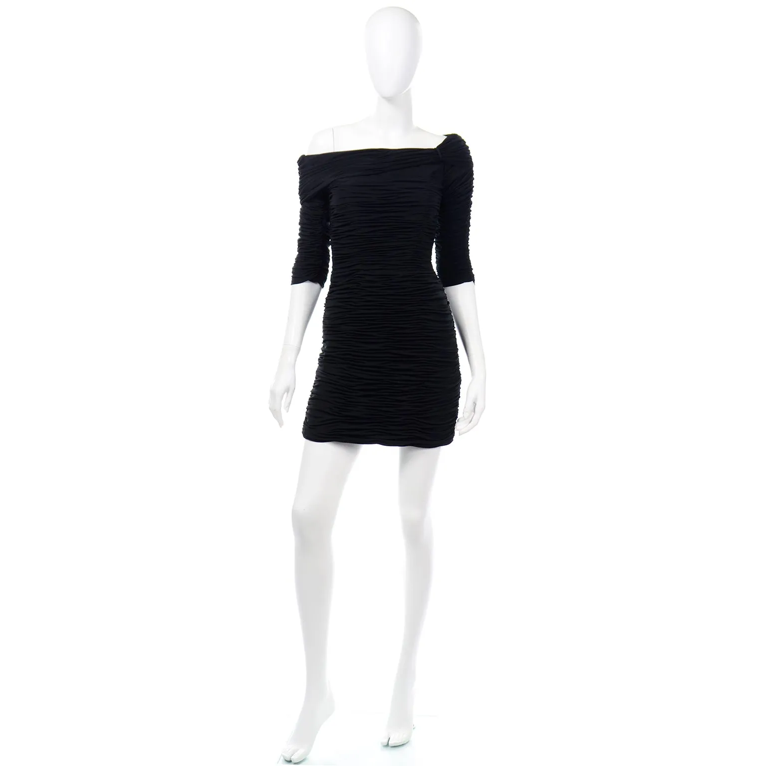 1980s Victor Costa One Shoulder Ruched Black Bodycon Vintage Evening Dress