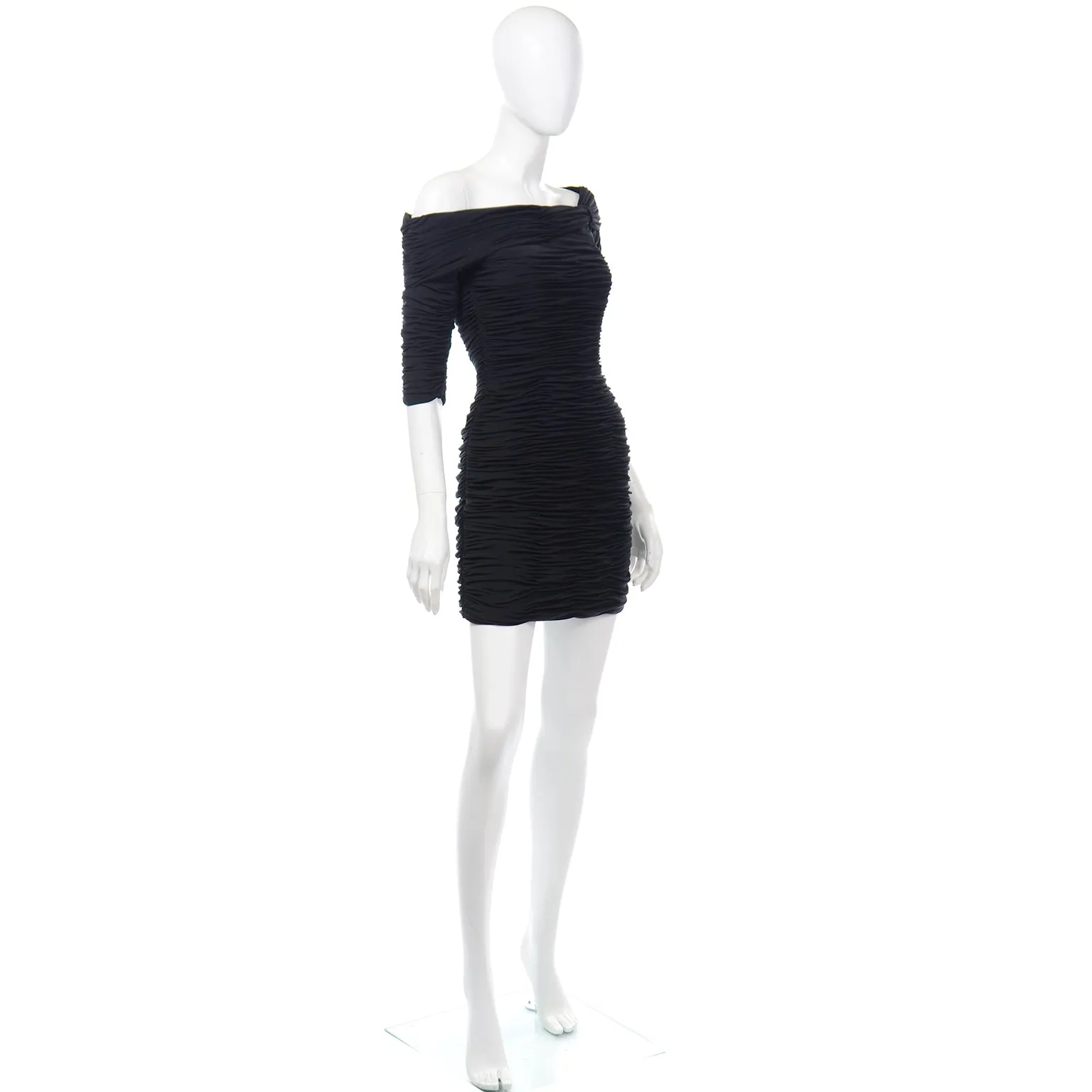 1980s Victor Costa One Shoulder Ruched Black Bodycon Vintage Evening Dress