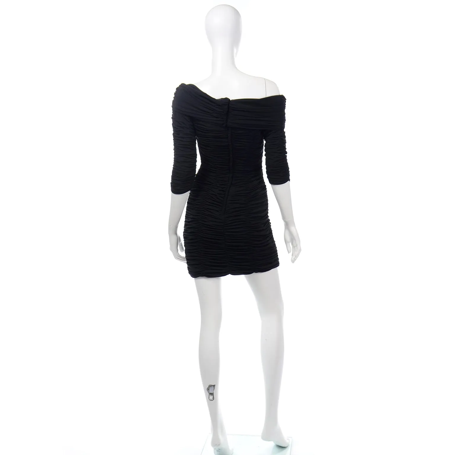 1980s Victor Costa One Shoulder Ruched Black Bodycon Vintage Evening Dress