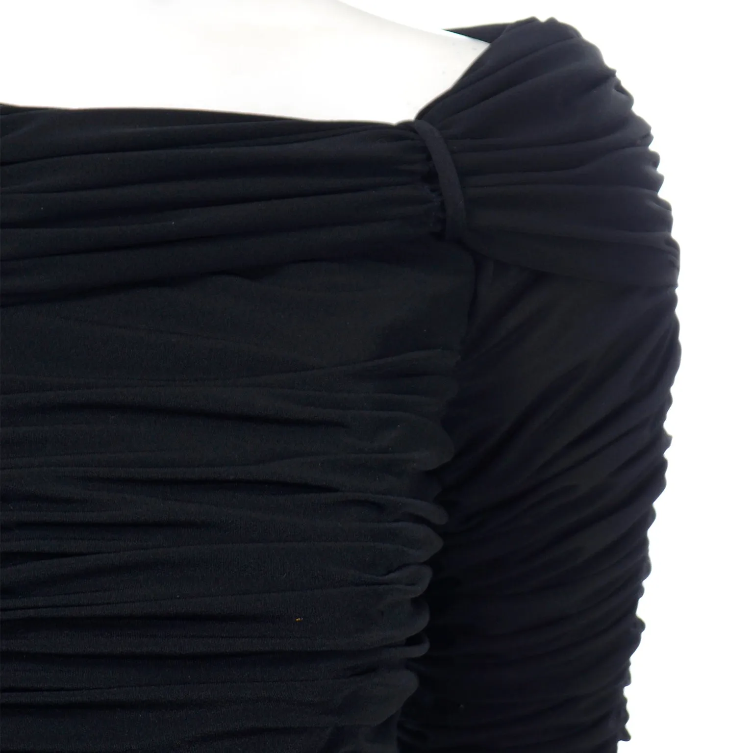 1980s Victor Costa One Shoulder Ruched Black Bodycon Vintage Evening Dress