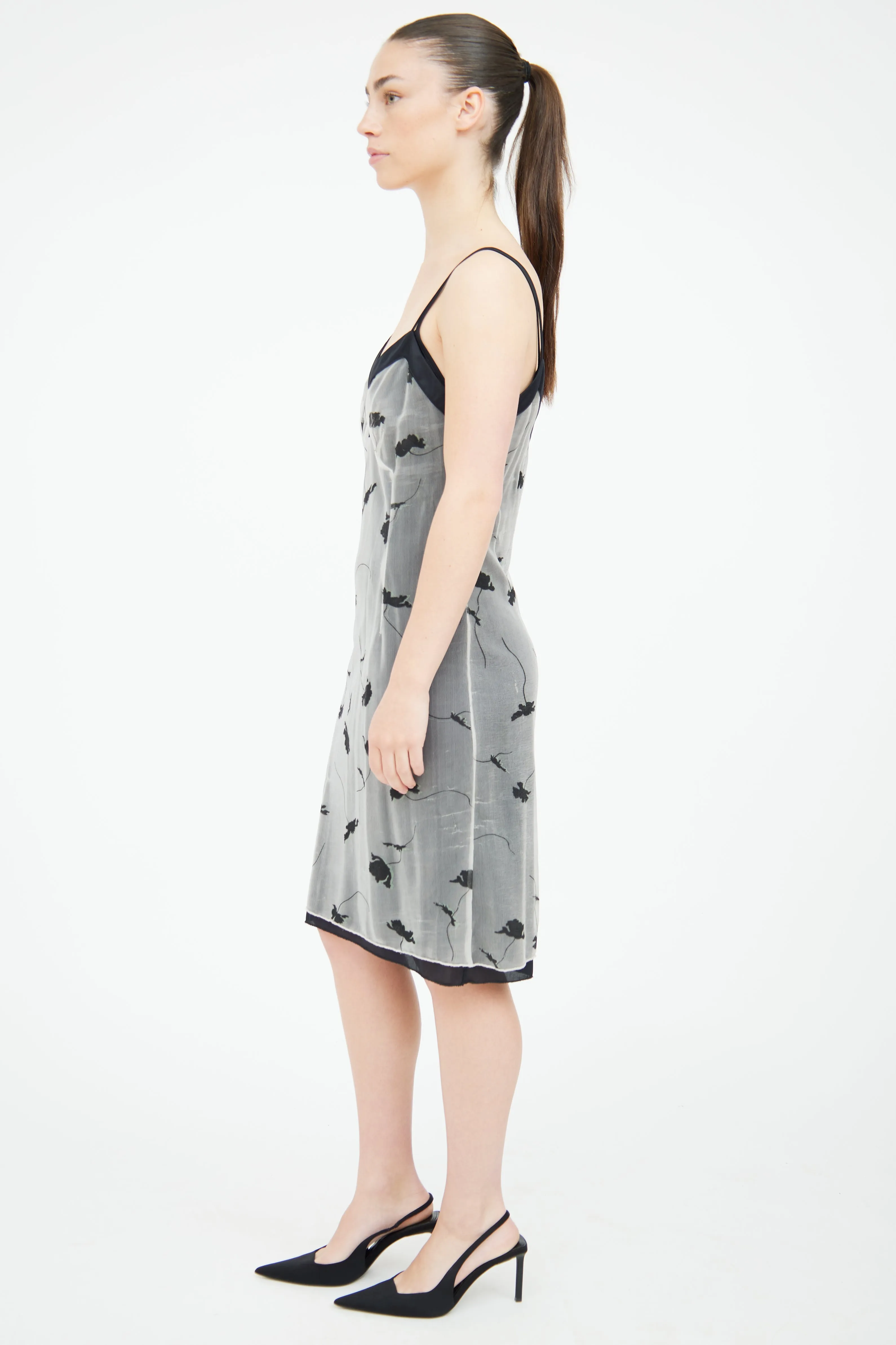 Black & White Floral Print Sheer Dress
