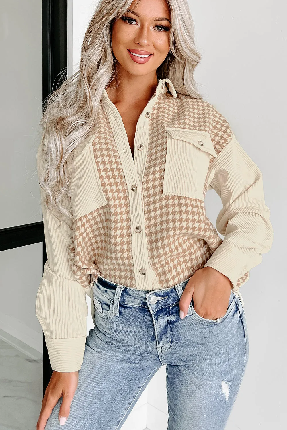 Black Houndstooth Corduroy Patchwork Flap Pocket Shacket