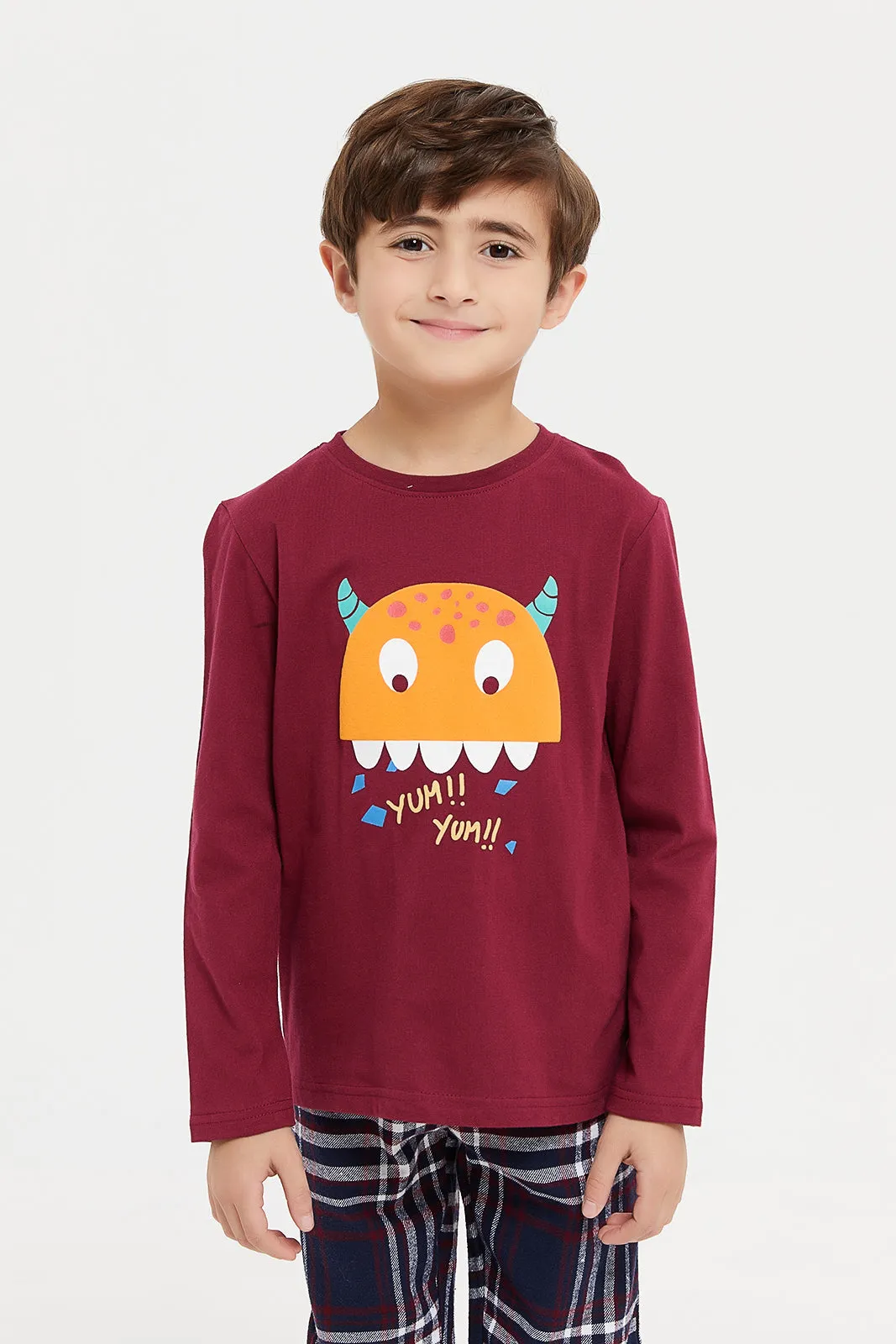 Boys Burgundy And Navy Monster Printed Pyjama Set (2 Piece)