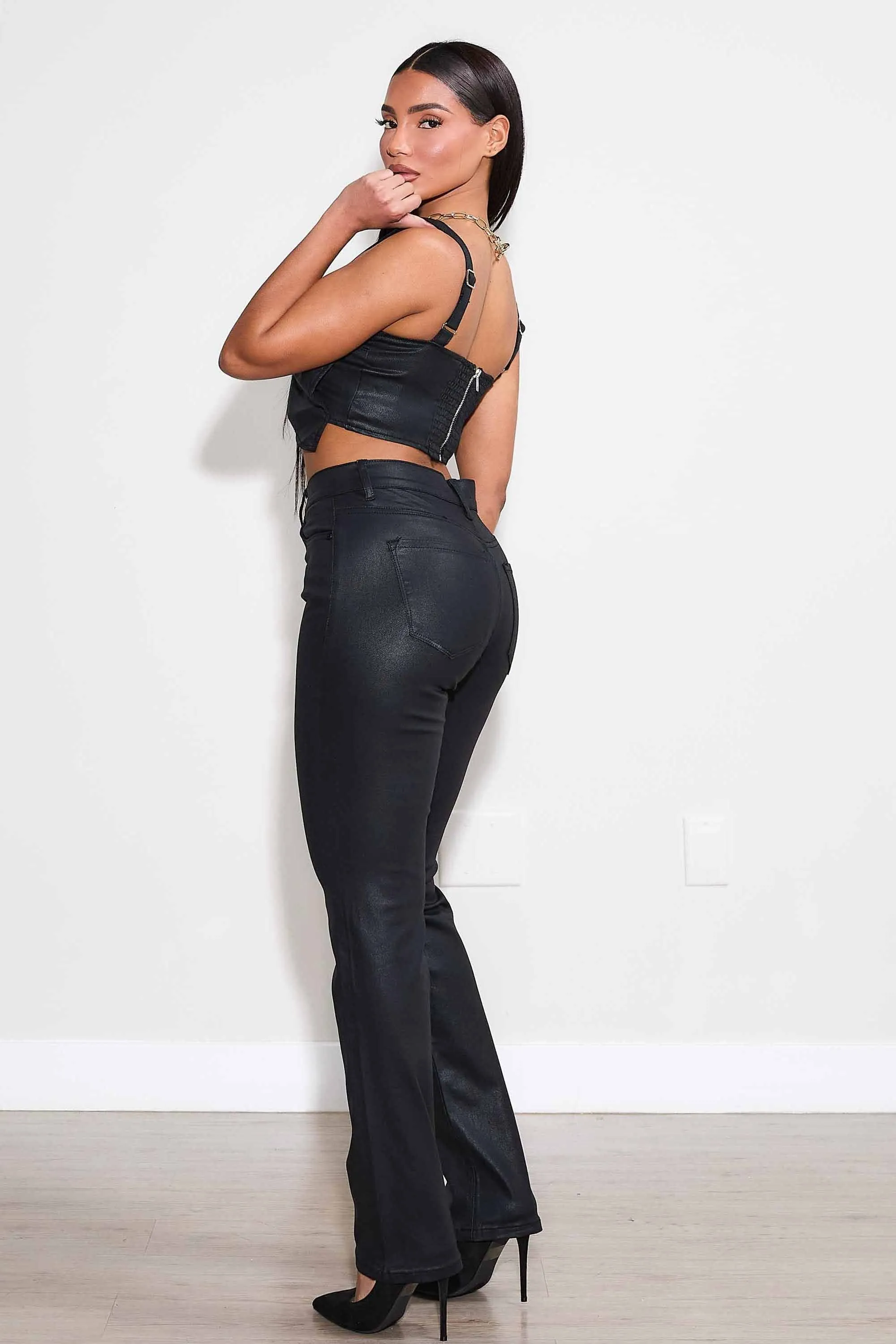 Coated Slim Straight Pants