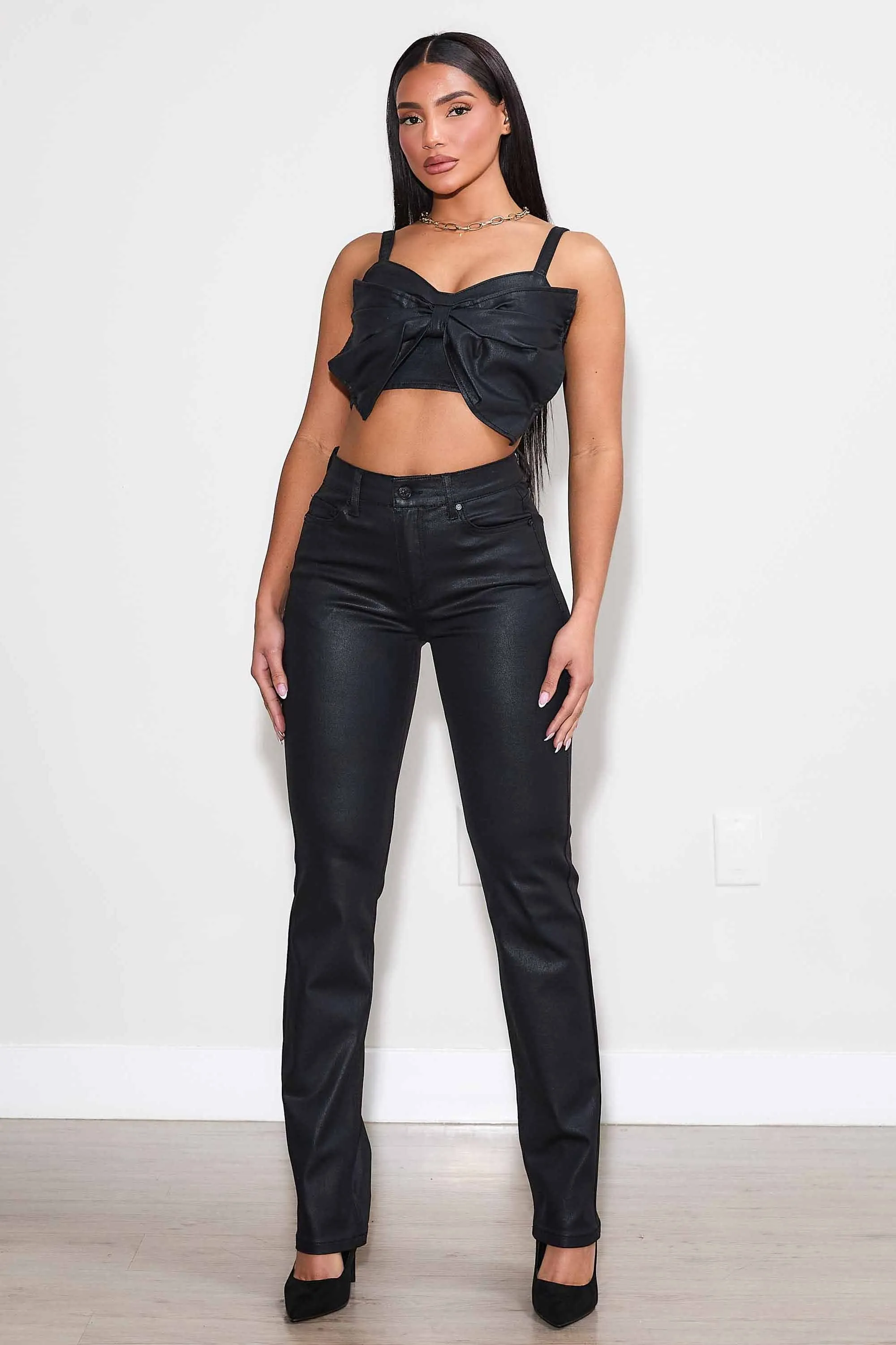 Coated Slim Straight Pants