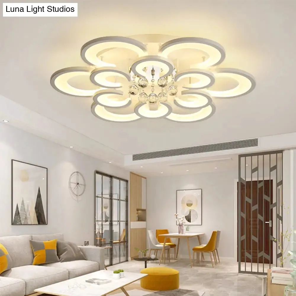 Contemporary Acrylic Flush Mount Ceiling Light with Crystal Drop - Multi-Layer Circular Design (10/12/16 Lights, White)