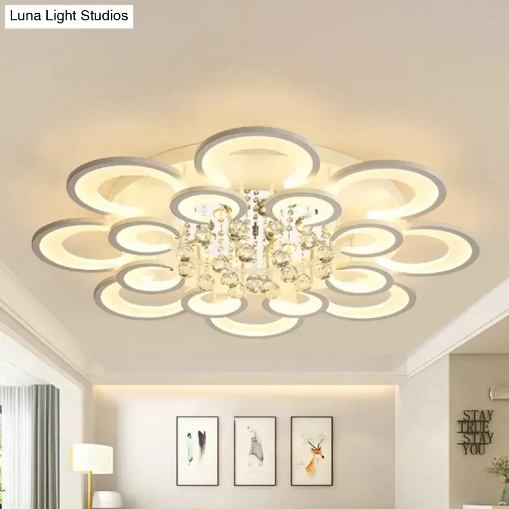 Contemporary Acrylic Flush Mount Ceiling Light with Crystal Drop - Multi-Layer Circular Design (10/12/16 Lights, White)
