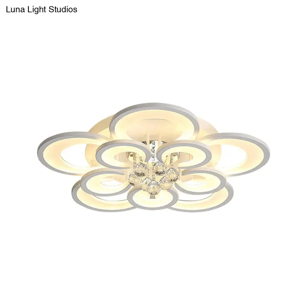 Contemporary Acrylic Flush Mount Ceiling Light with Crystal Drop - Multi-Layer Circular Design (10/12/16 Lights, White)
