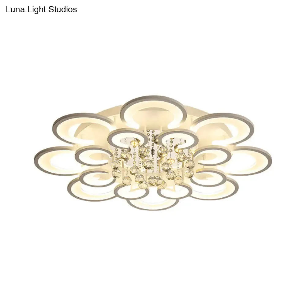 Contemporary Acrylic Flush Mount Ceiling Light with Crystal Drop - Multi-Layer Circular Design (10/12/16 Lights, White)