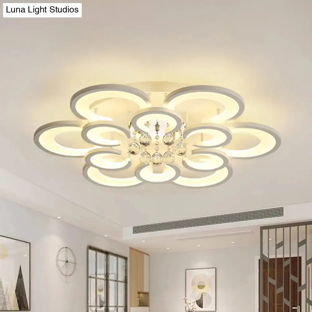 Contemporary Acrylic Flush Mount Ceiling Light with Crystal Drop - Multi-Layer Circular Design (10/12/16 Lights, White)