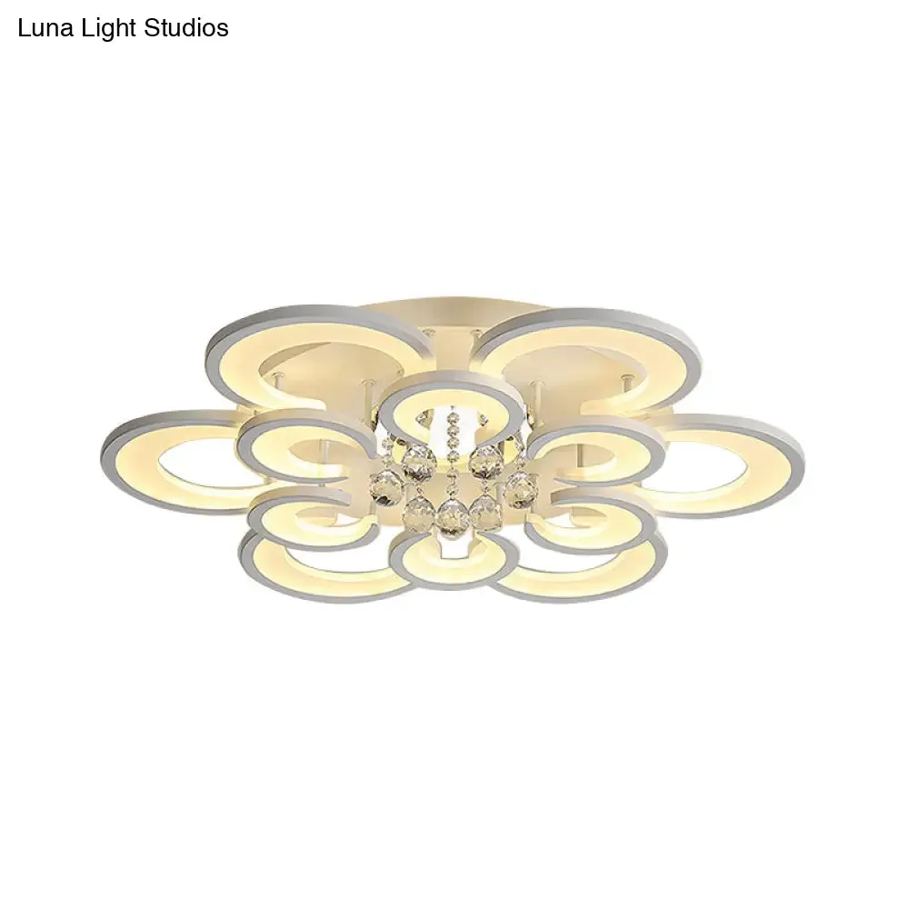 Contemporary Acrylic Flush Mount Ceiling Light with Crystal Drop - Multi-Layer Circular Design (10/12/16 Lights, White)