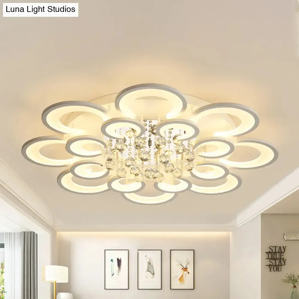 Contemporary Acrylic Flush Mount Ceiling Light with Crystal Drop - Multi-Layer Circular Design (10/12/16 Lights, White)