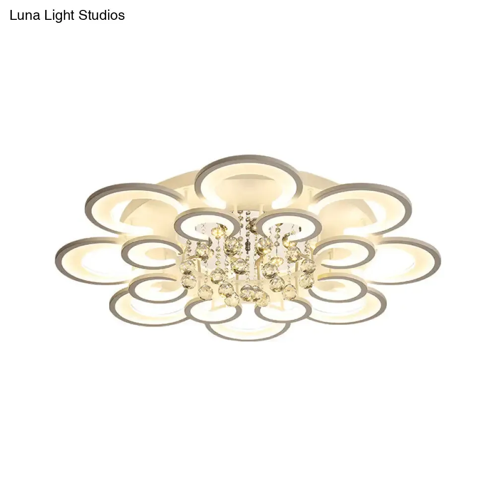 Contemporary Acrylic Flush Mount Ceiling Light with Crystal Drop - Multi-Layer Circular Design (10/12/16 Lights, White)