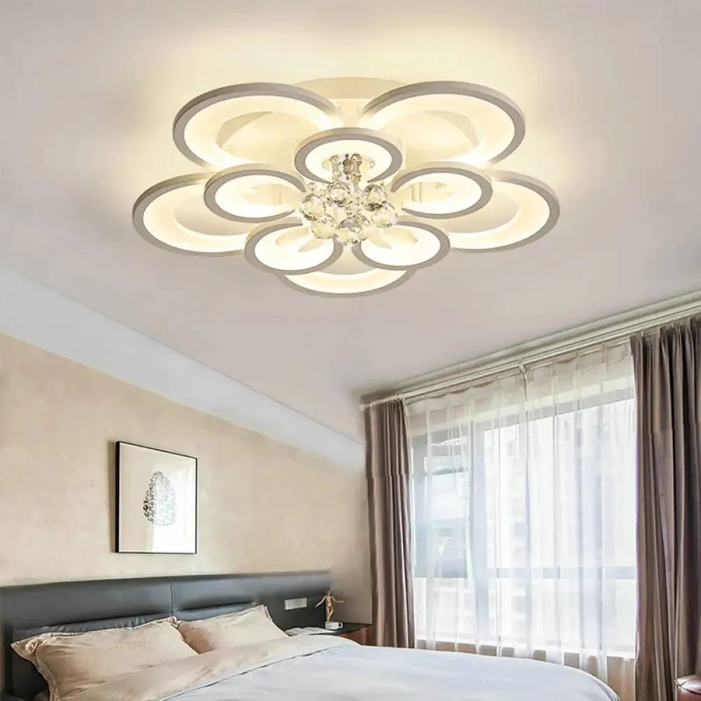 Contemporary Acrylic Flush Mount Ceiling Light with Crystal Drop - Multi-Layer Circular Design (10/12/16 Lights, White)