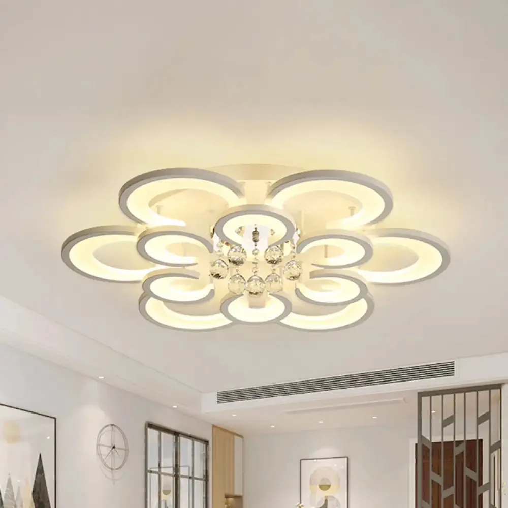 Contemporary Acrylic Flush Mount Ceiling Light with Crystal Drop - Multi-Layer Circular Design (10/12/16 Lights, White)