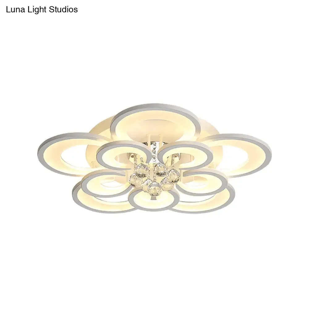 Contemporary Acrylic Flush Mount Ceiling Light with Crystal Drop - Multi-Layer Circular Design (10/12/16 Lights, White)