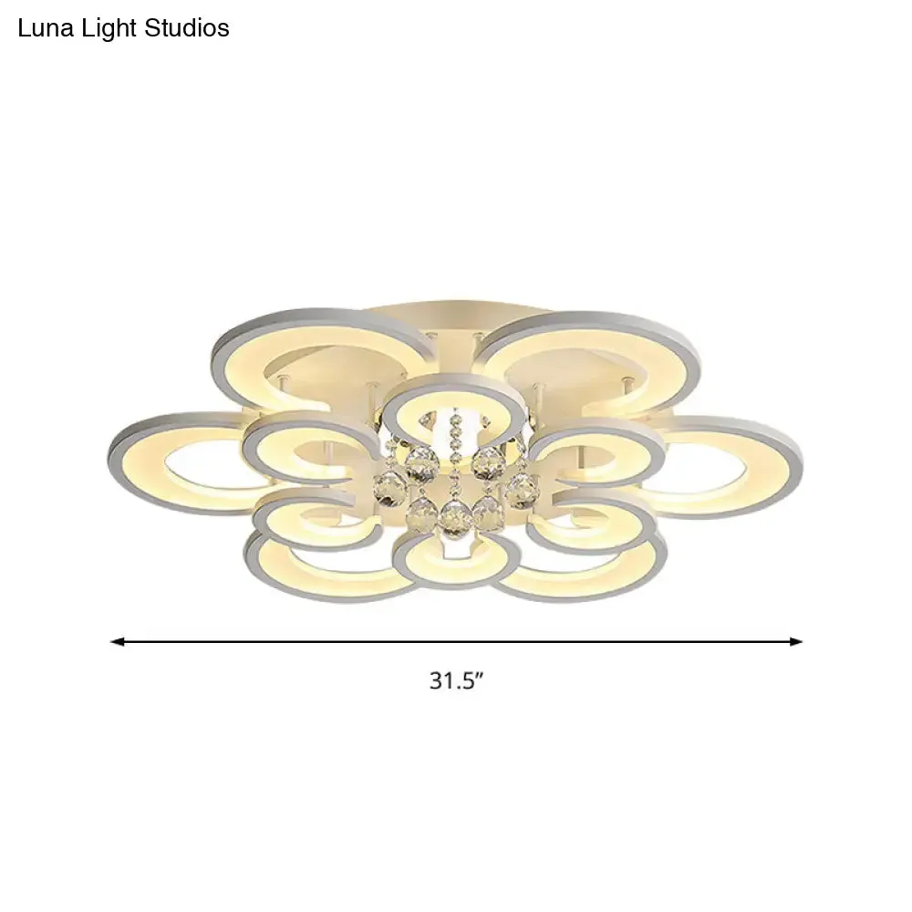 Contemporary Acrylic Flush Mount Ceiling Light with Crystal Drop - Multi-Layer Circular Design (10/12/16 Lights, White)
