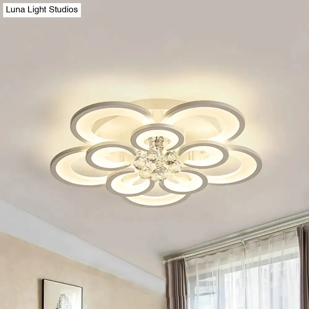 Contemporary Acrylic Flush Mount Ceiling Light with Crystal Drop - Multi-Layer Circular Design (10/12/16 Lights, White)