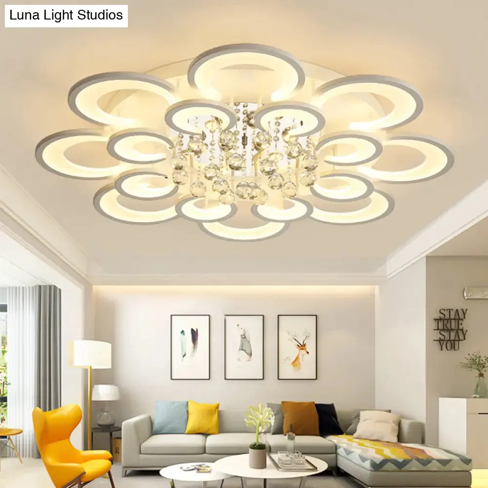 Contemporary Acrylic Flush Mount Ceiling Light with Crystal Drop - Multi-Layer Circular Design (10/12/16 Lights, White)