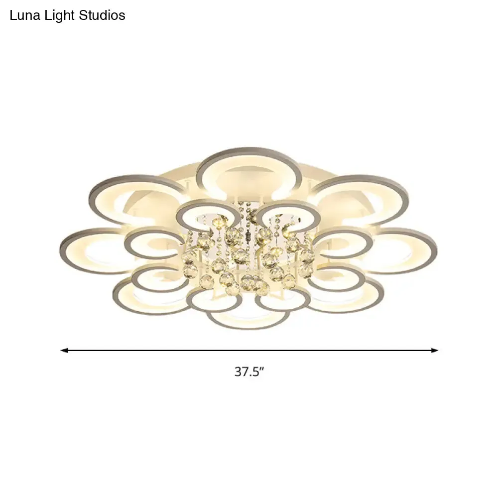 Contemporary Acrylic Flush Mount Ceiling Light with Crystal Drop - Multi-Layer Circular Design (10/12/16 Lights, White)