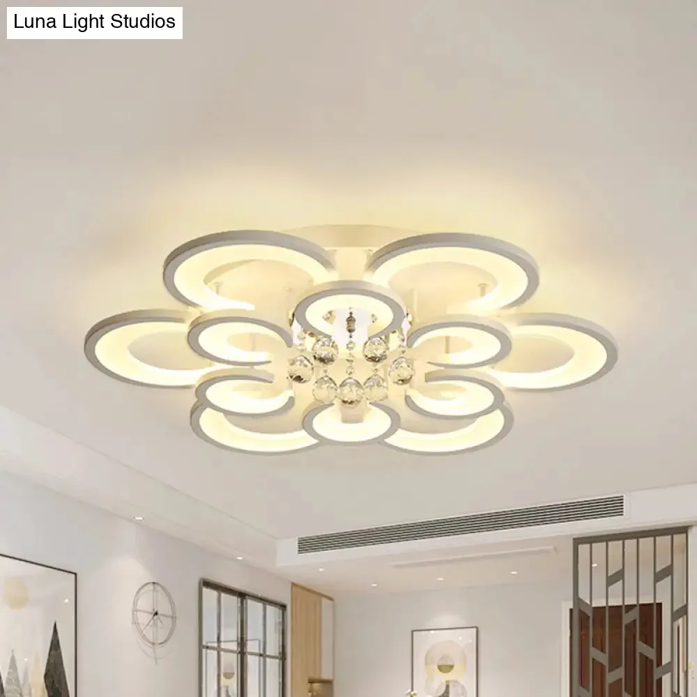 Contemporary Acrylic Flush Mount Ceiling Light with Crystal Drop - Multi-Layer Circular Design (10/12/16 Lights, White)