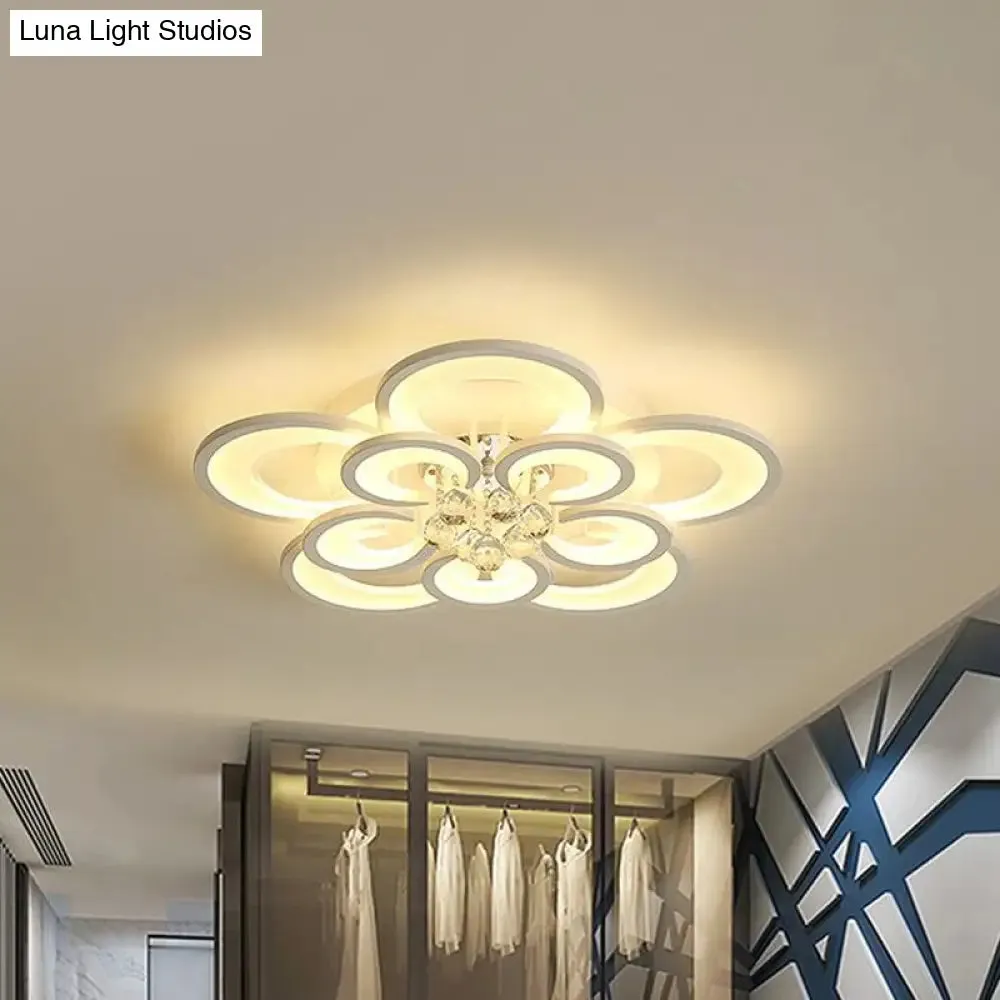 Contemporary Acrylic Flush Mount Ceiling Light with Crystal Drop - Multi-Layer Circular Design (10/12/16 Lights, White)
