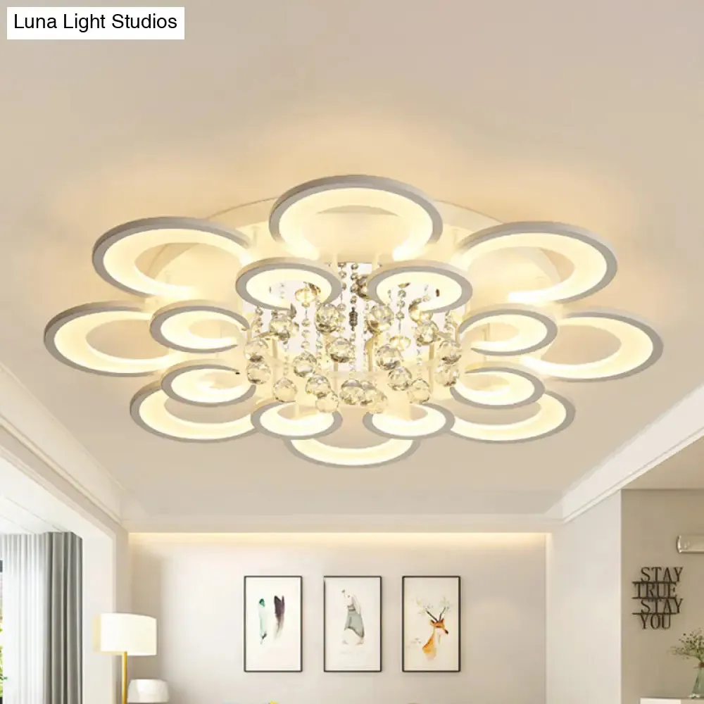 Contemporary Acrylic Flush Mount Ceiling Light with Crystal Drop - Multi-Layer Circular Design (10/12/16 Lights, White)