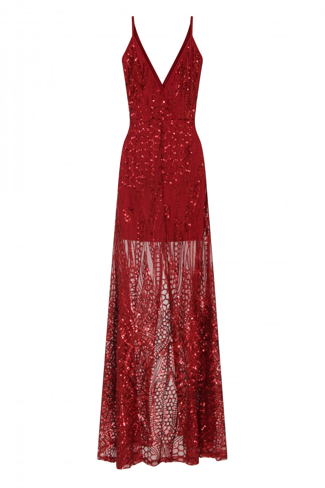 Daphne Burgundy Sheer Luxe Sequin Slit Maxi Dress
