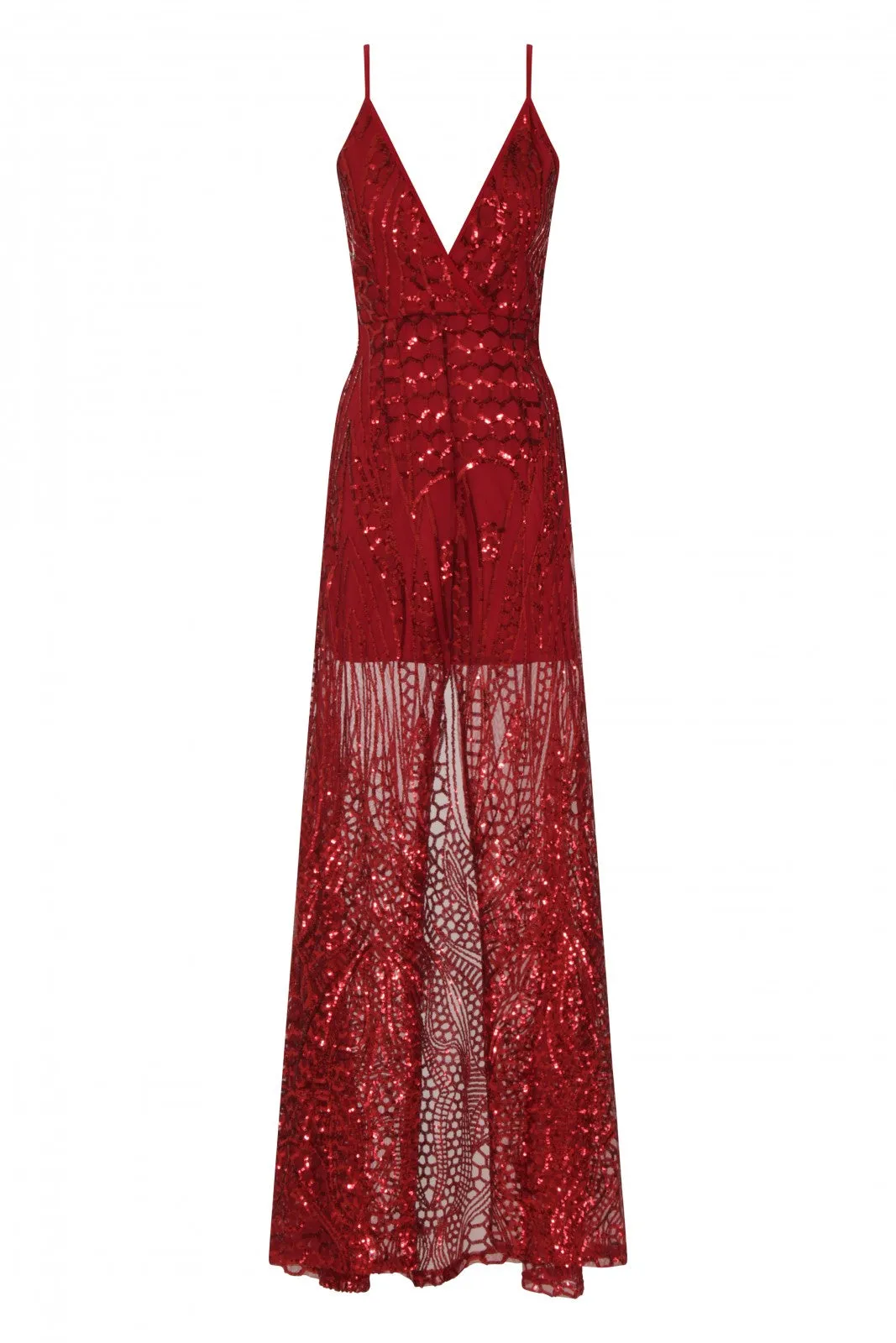 Daphne Burgundy Sheer Luxe Sequin Slit Maxi Dress
