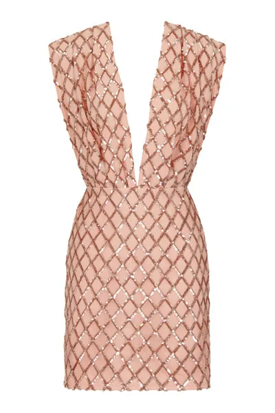 Diaz Rose Gold V Plunge Geometric Sequin Bodycon Dress