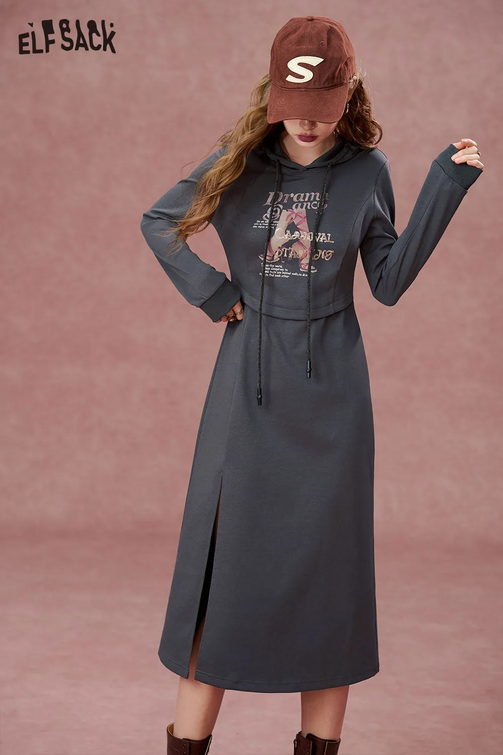 ELFSACK 2024 Autumn New Arrivals Hooded printed long sleeved hoodie dress for women, split waist dress