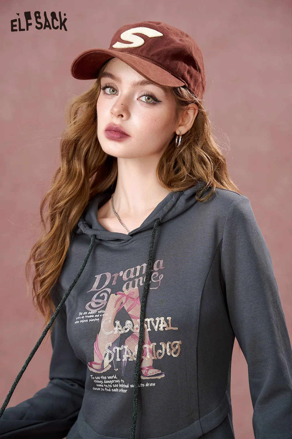 ELFSACK 2024 Autumn New Arrivals Hooded printed long sleeved hoodie dress for women, split waist dress