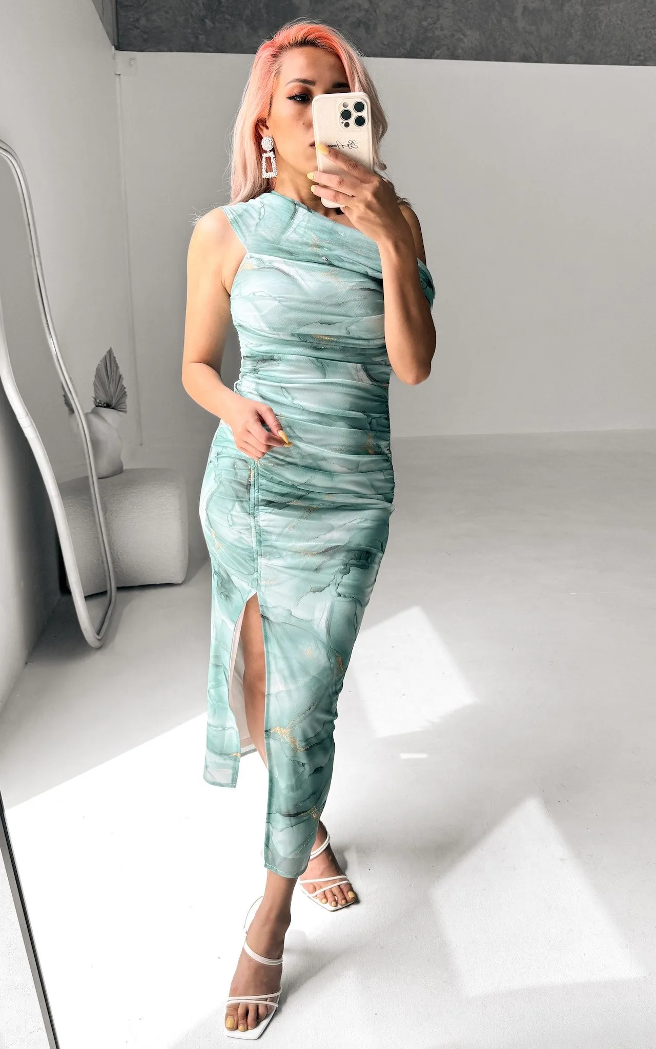 Elka Mesh Midi Dress - Green Gold Marble Print
