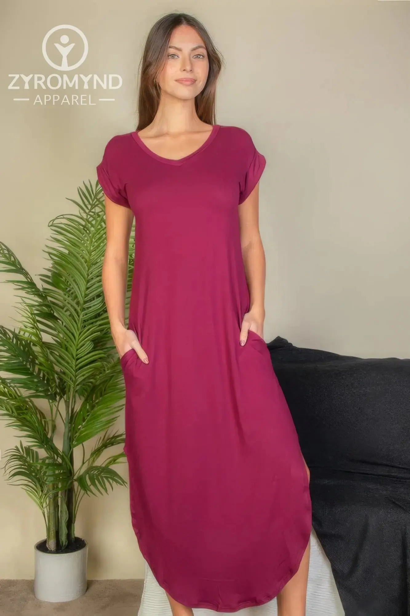 Hidden Pocket Batwing Sleeve V Neck Long Dress
