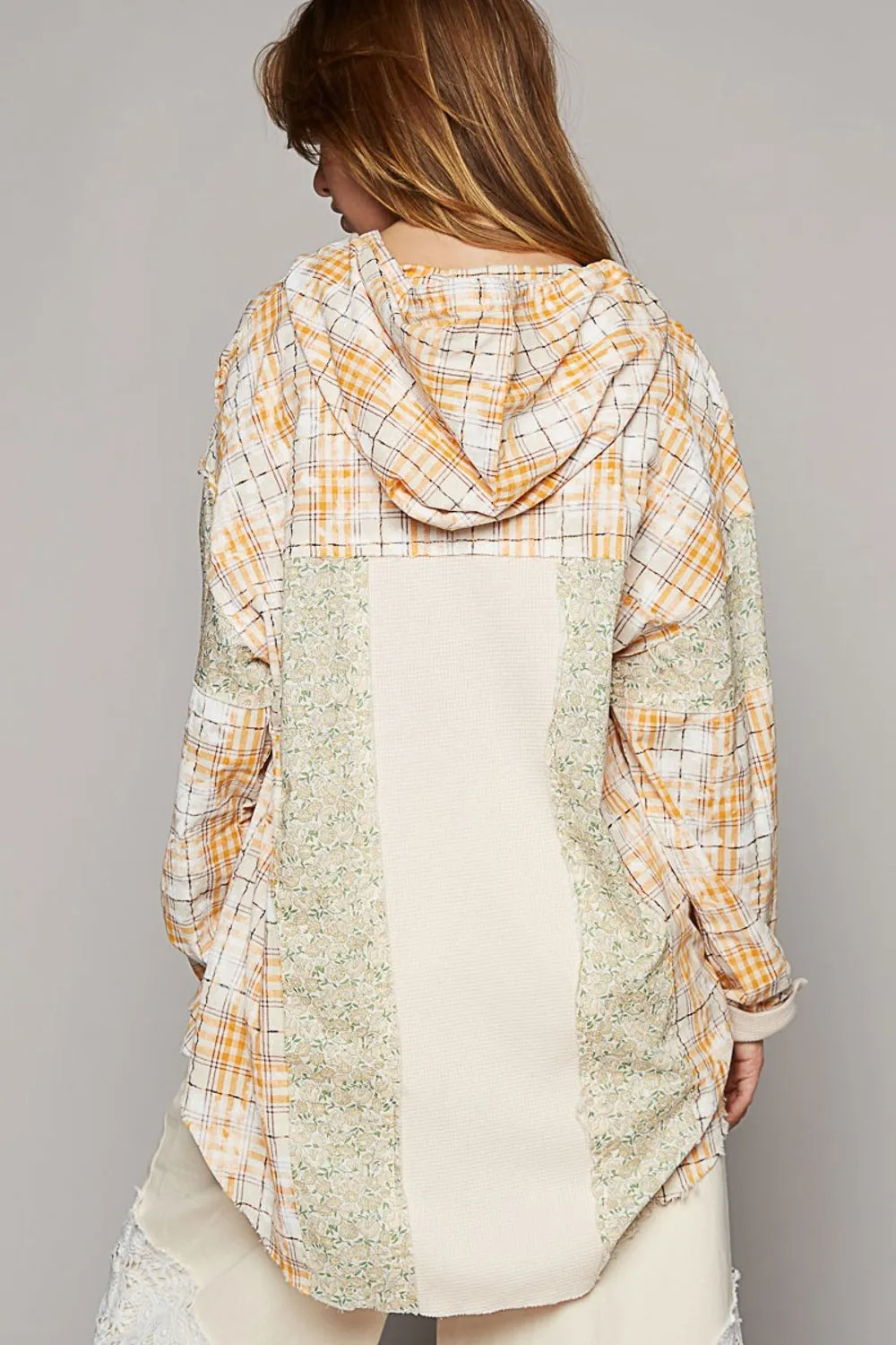 Hooded Preppy Long Sleeve Knit Mixed Hoodie Plaid Shirt