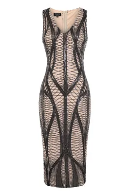 Iconic Luxe Black Cage Sequin Bandage Illusion Midi Pencil Dress
