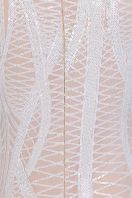 Iconic Luxe White Nude Cage Sequin Bandage Illusion Midi Pencil Dress