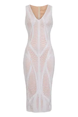 Iconic Luxe White Nude Cage Sequin Bandage Illusion Midi Pencil Dress