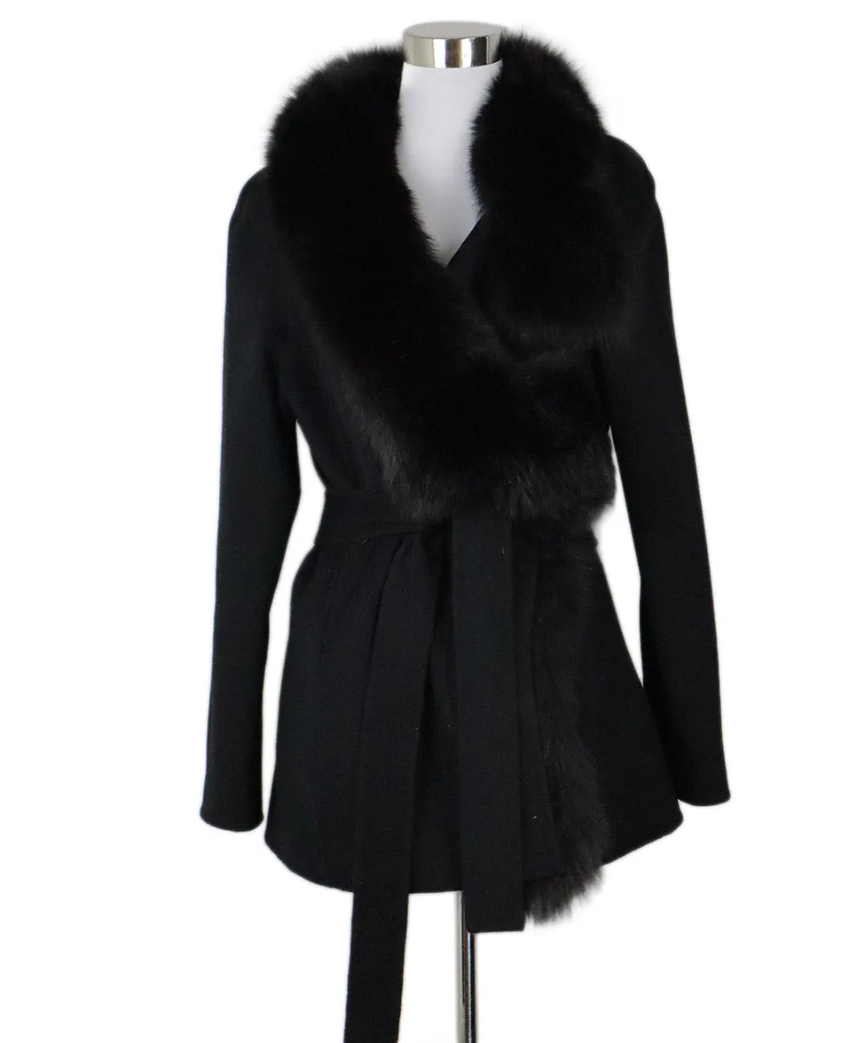 J. Mendel Black Cashmere Coat w/ Fox Trim sz 4
