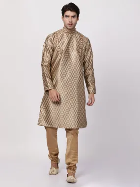 Jashvi Men's Gold Cotton Silk Blend Kurta and Churidar Set