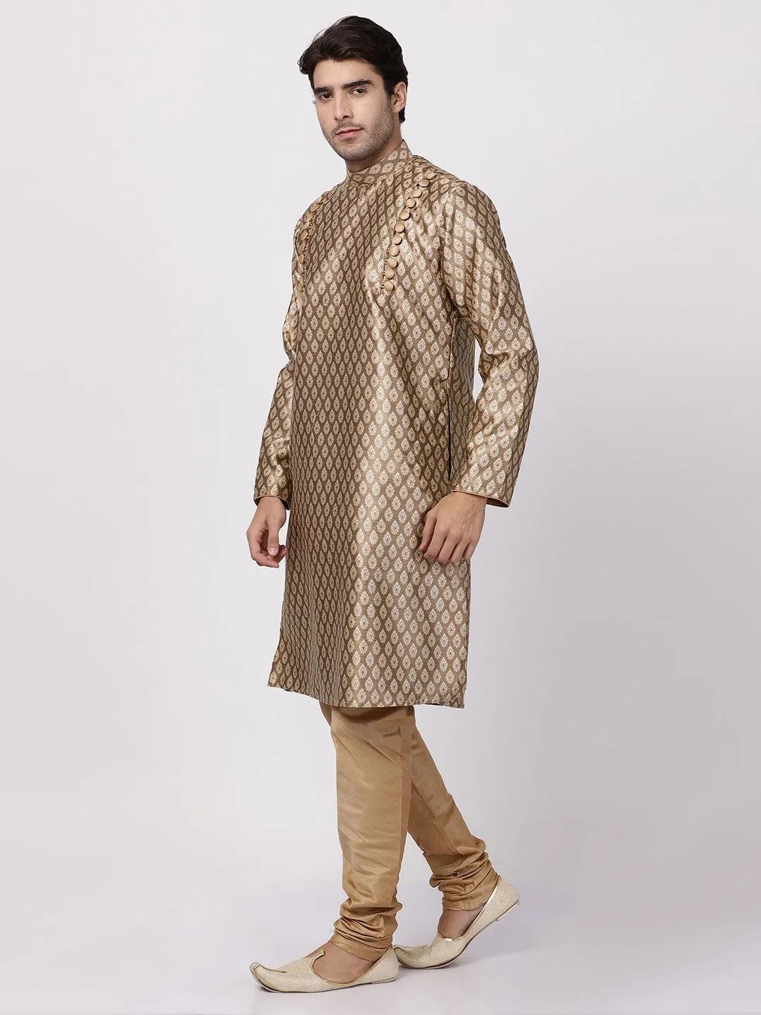 Jashvi Men's Gold Cotton Silk Blend Kurta and Churidar Set