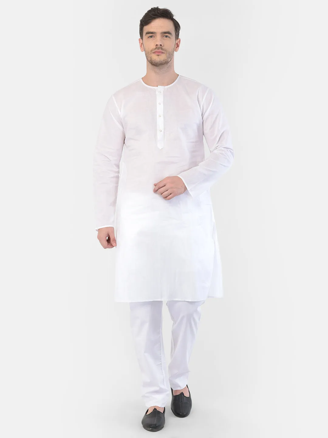 Jashvi Men's White Cotton Addhi Kurta Pyjama Set