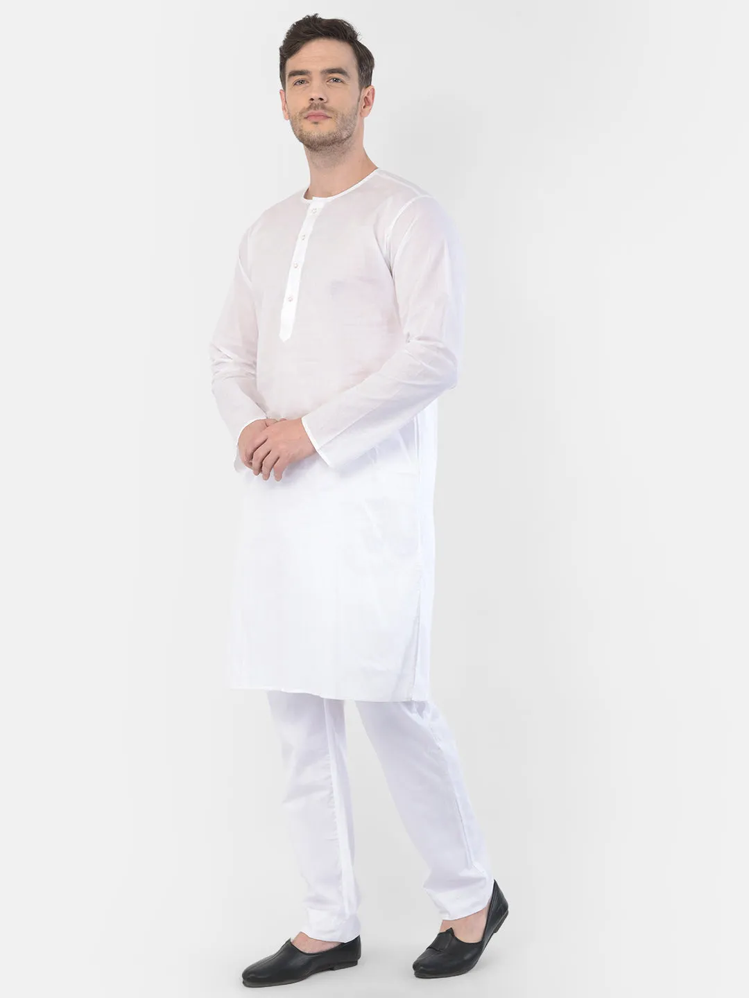 Jashvi Men's White Cotton Addhi Kurta Pyjama Set