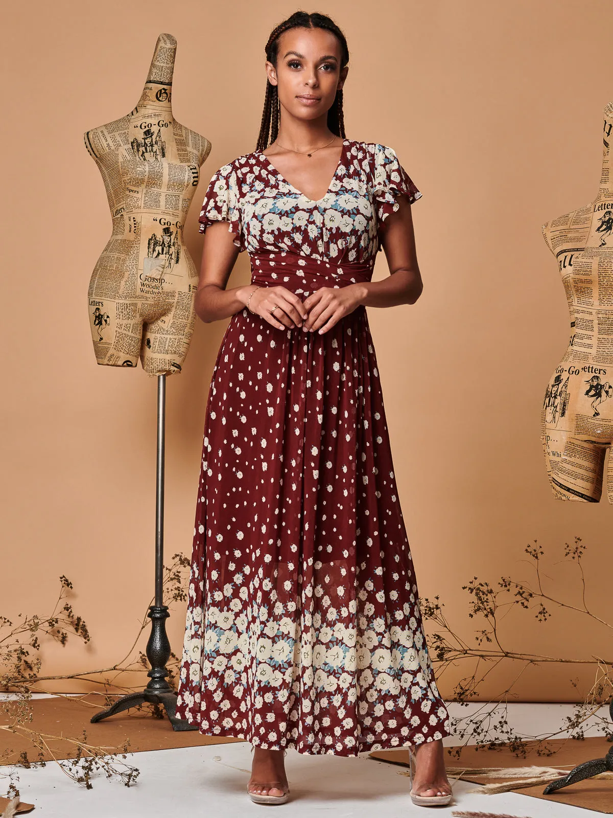 Jolie Moi Carlii Floral Print Midi Dress, Burgundy