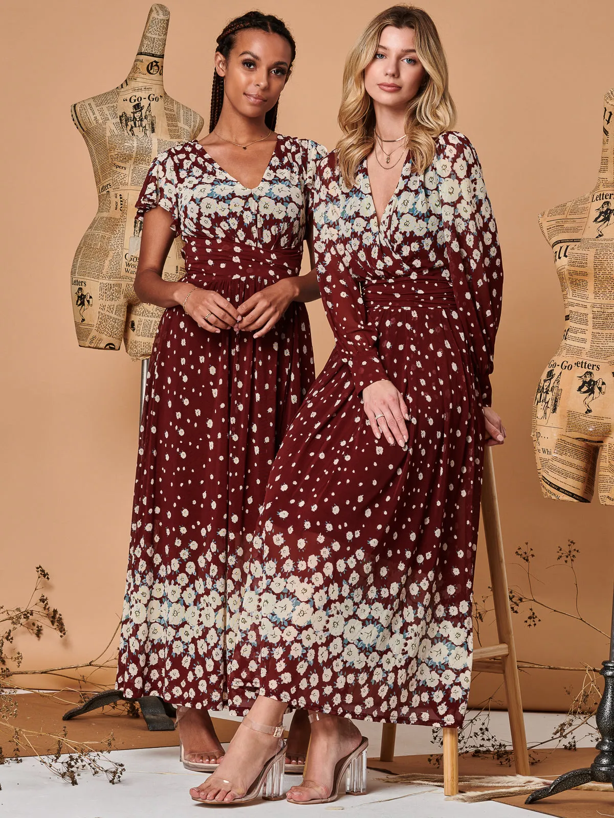 Jolie Moi Carlii Floral Print Midi Dress, Burgundy