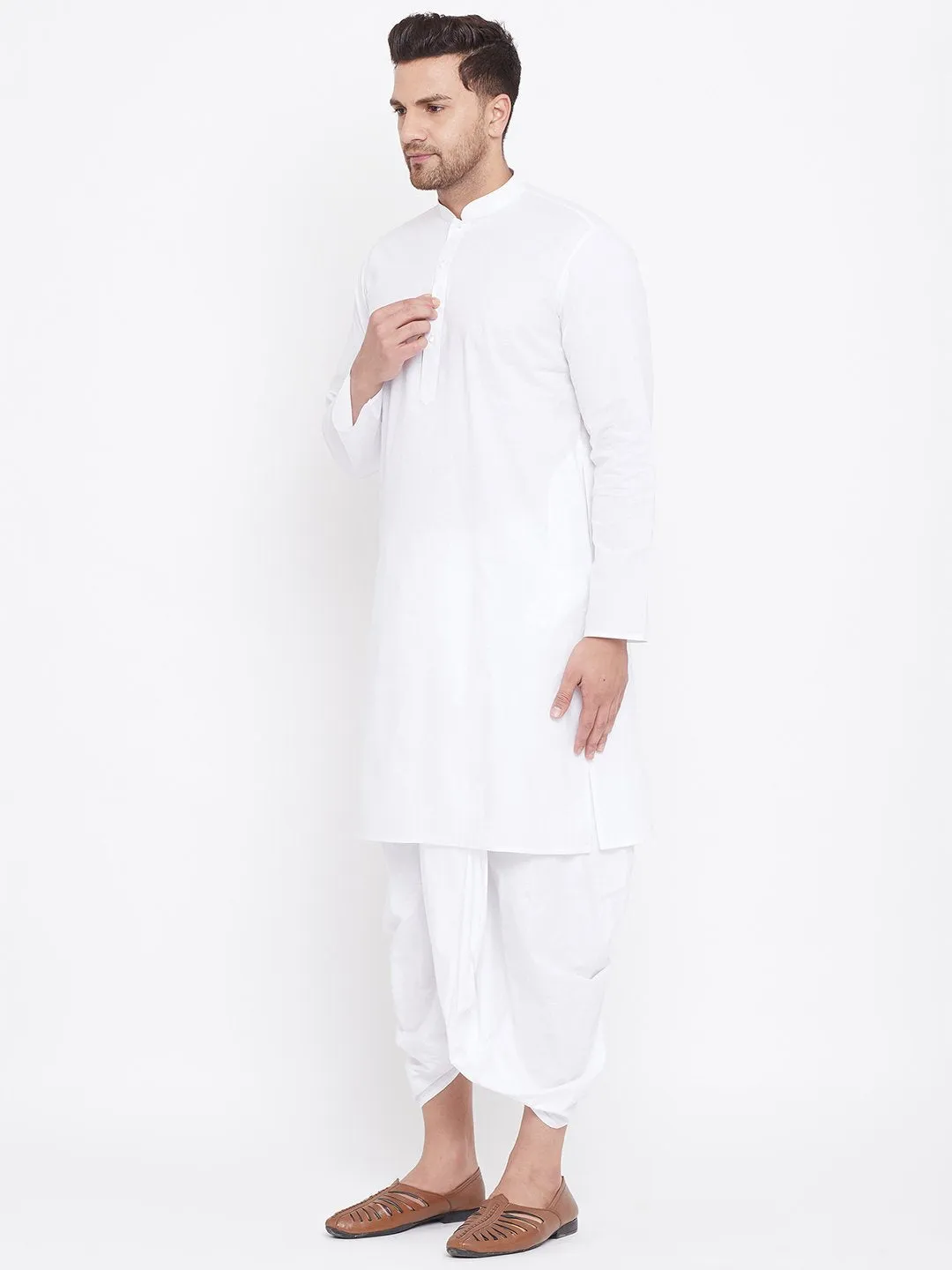 Men's White Cotton Kurta And Dhoti Set - Vastramay