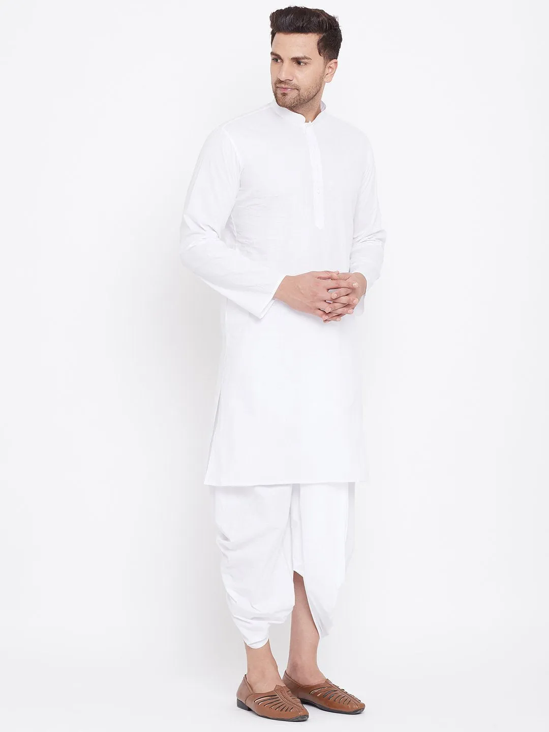 Men's White Cotton Kurta And Dhoti Set - Vastramay